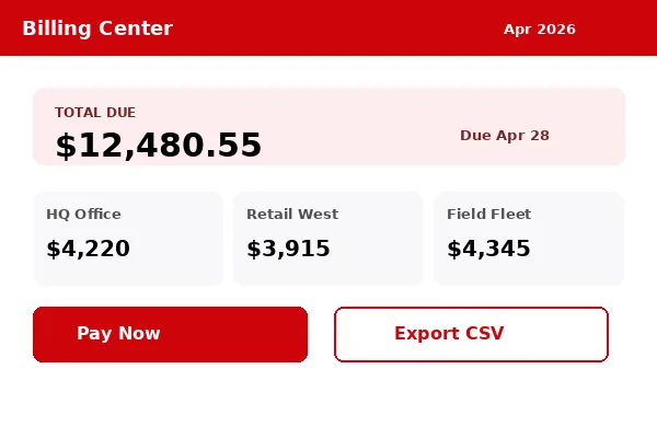 Verizon Business billing center showing consolidated invoice split across three cost centers with PDF and CSV export options